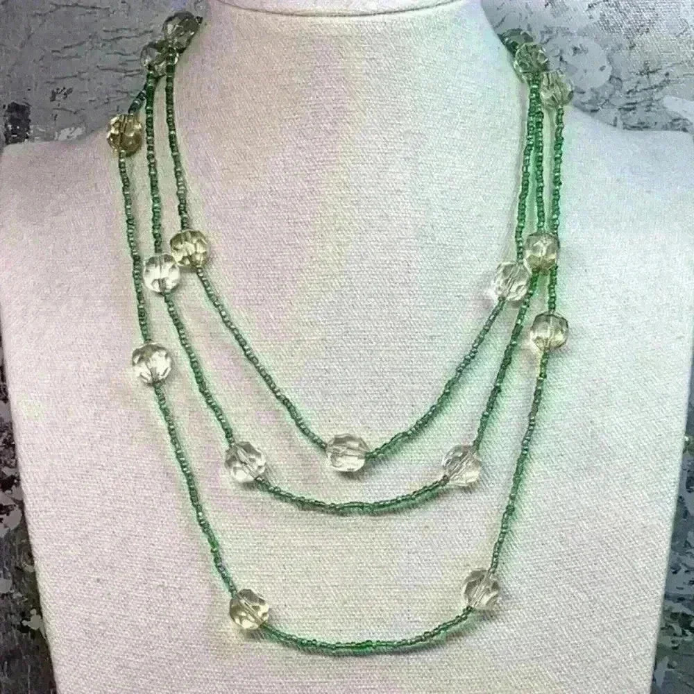 Vintage Green Seed Bead and Clear Faceted Crystals